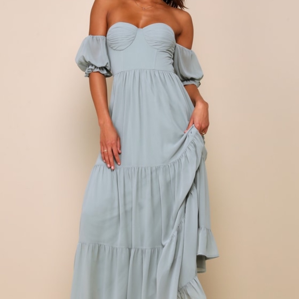 Lulus Exceptionally Gorgeous Sage Chiffon Off-the-shoulder Maxi Dress Green